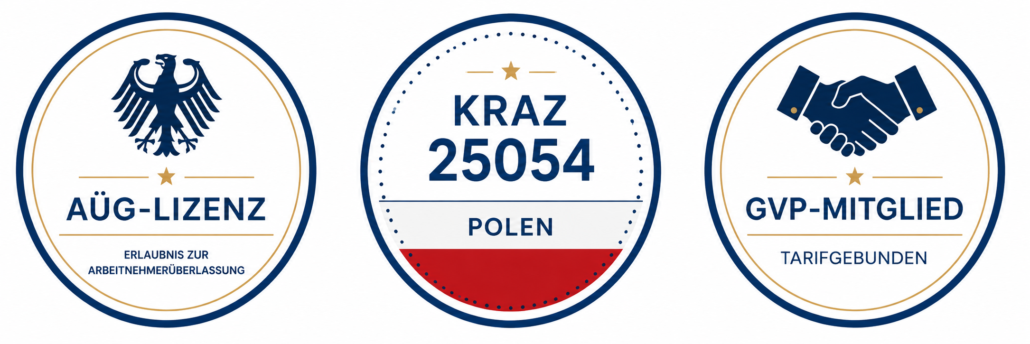 Drei Zertifizierungs-Badges - AÜG-Lizenz mit Bundesadler, KRAZ Nr. 25054 Polen mit polnischer Flagge, GVP-Mitglied tarifgebunden mit Handshake-Symbol - Go2 Work
