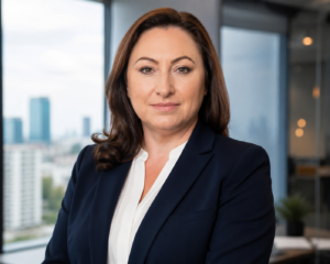 Anna Wejner, Geschäftsführerin und Vorstandsmitglied der Go2 Work Sp. z o.o., professioneller Corporate Headshot in marineblauem Blazer im modernen Büro mit Stadtblick