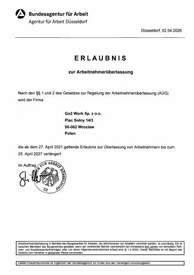 AÜG-Erlaubnis Bundesagentur für Arbeit Düsseldorf - Go2 Work, gültig bis 25.04.2027