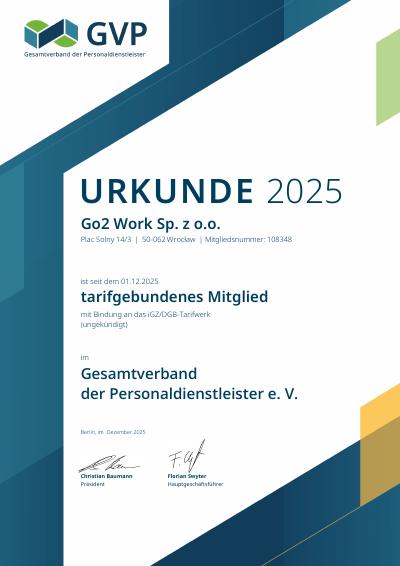 GVP-Urkunde 2025 - Go2 Work tarifgebundenes Mitglied im iGZ/DGB-Tarifwerk, Mitgliedsnummer 108348