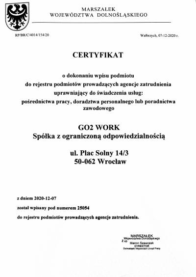 KRAZ Zertifikat Nr. 25054 Personalvermittlung - Marszałek Województwa Dolnośląskiego