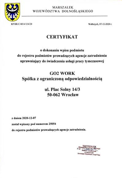 KRAZ Zertifikat Nr. 25054 Zeitarbeit Arbeitnehmerüberlassung - Marszałek Województwa Dolnośląskiego