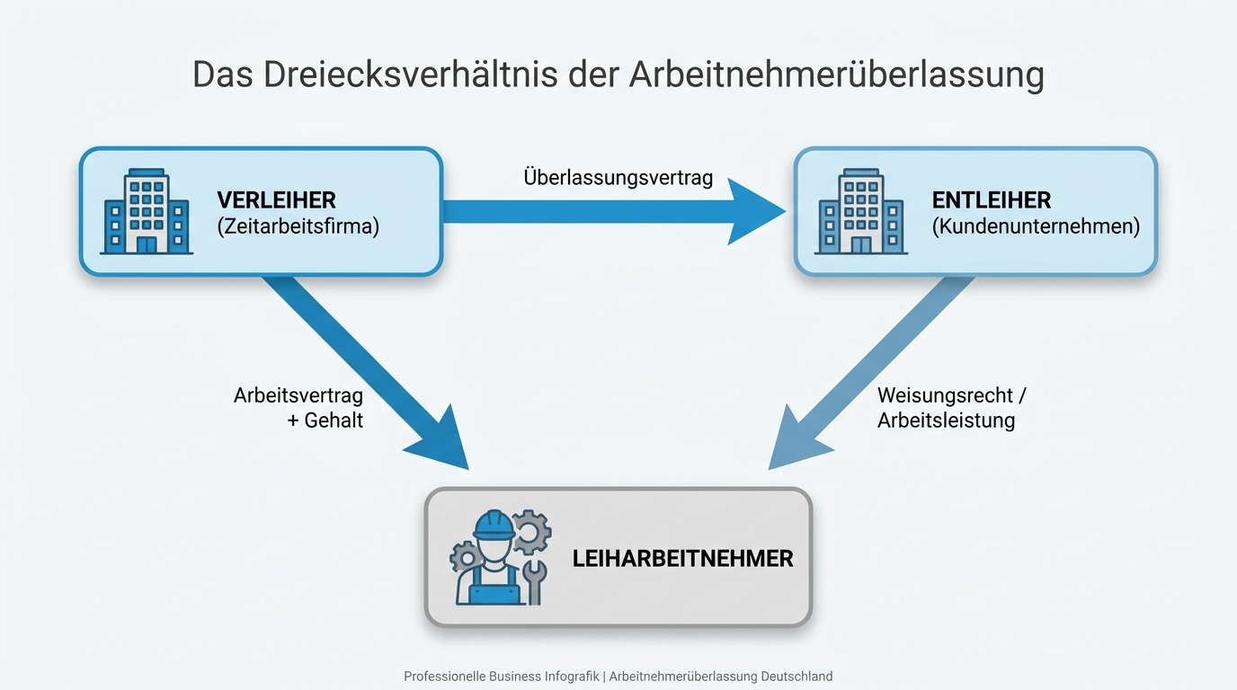 Dreiecksverhältnis der Arbeitnehmerüberlassung: Verleiher, Entleiher und Leiharbeitnehmer mit den jeweiligen Verträgen
