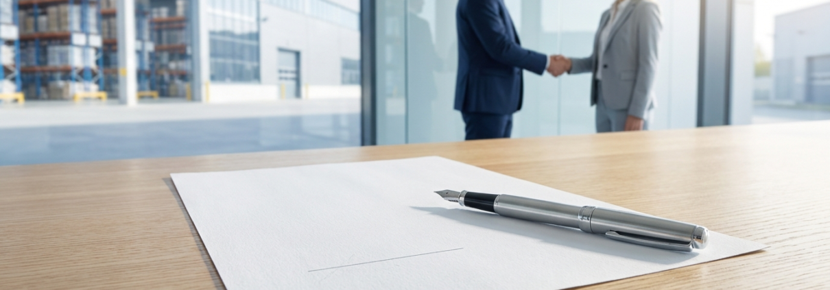 Arbeitnehmerüberlassungsvertrag – Vertragsdokument mit Füller, im Hintergrund Handschlag zwischen Verleiher und Entleiher vor einem Logistikzentrum